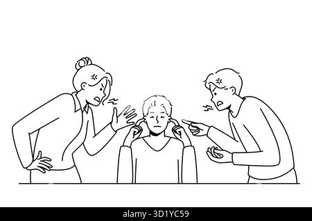 Man close ears ignore loud screaming colleagues shouting and lecturing. Calm ignorant male distracted from coworkers yelling. Stress free. Vector illu Stock Photo