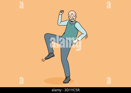 Happy elderly man have fun dancing. Smiling energetic old grandfather feel optimistic and positive moving. Healthy maturity. Vector illustration. Stock Photo