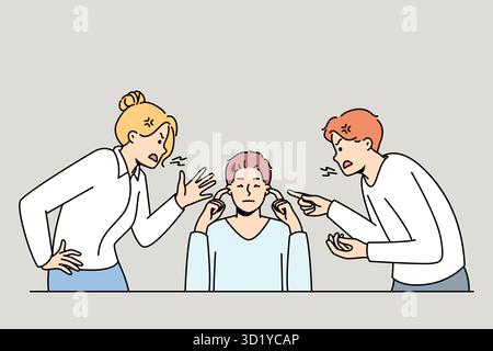 Man close ears ignore loud screaming colleagues shouting and lecturing. Calm ignorant male distracted from coworkers yelling. Stress free. Vector illu Stock Photo