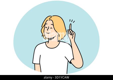 Smiling woman hold finger up generate creative idea or though. Happy female find answer or solve problem. Solution concept. Vector illustration. Stock Photo