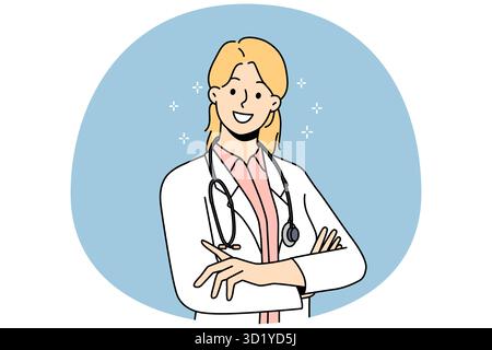 Smiling female doctor in white medical uniform feel positive and optimistic. Happy woman GP or therapist posing showing leadership qualities. Medicine Stock Photo