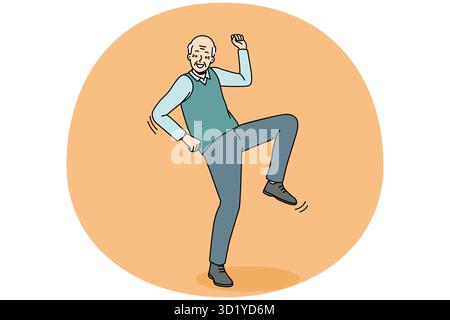 Happy elderly man have fun dancing. Smiling energetic old grandfather feel optimistic and positive moving. Healthy maturity. Vector illustration. Stock Photo