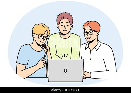 Smiling male colleagues look at computer screen brainstorming together. Happy coworkers cooperate working on laptop at workplace. Teamwork. Vector ill Stock Photo