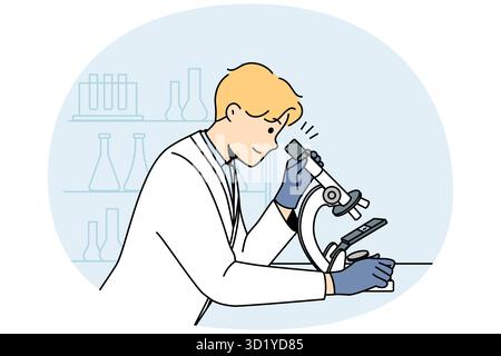 Young man scientist in white medical uniform look at sample in microscope in lab. Male researcher examine specimen in laboratory. Medicine and biotech Stock Photo
