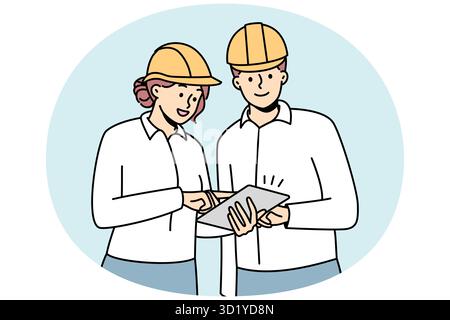 Smiling engineers in helmets working together at building site. Happy architects team brainstorm cooperate at construction place. Vector illustration. Stock Photo