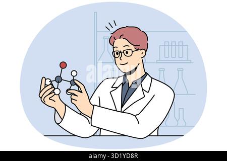 Smiling male scientist working with atom model in laboratory. Happy man researcher in uniform busy in lab. Science and biotechnology. Vector illustrat Stock Photo
