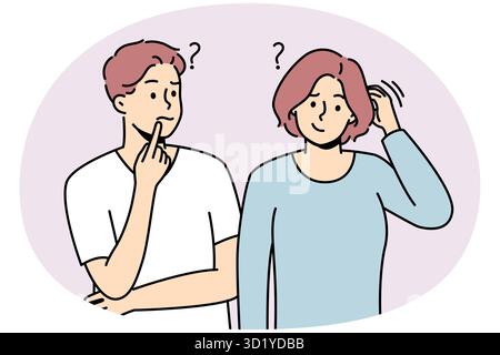 Confused man and woman thinking solving problem together. Frustrated couple feel unsure or doubtful look for solution or decision. Vector illustration Stock Photo
