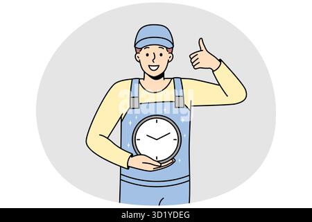 Smiling man in uniform holding clock in hands showing thumb up. Happy male worker with watch care about time management and deadline. Vector illustrat Stock Photo