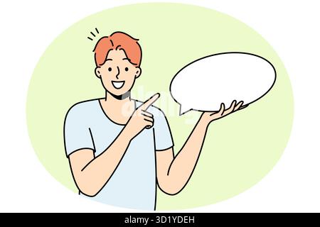 Smiling young man holding speech bubble in hands. Happy guy point at mockup empty blank copy space for advertising. Vector illustration. Stock Photo