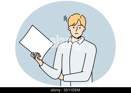 Unhappy young man stand with white paper document. Dissatisfied businessman with paperwork in hands frustrated with results. Vector illustration. Stock Photo