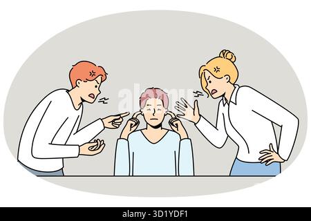 Man close ears ignore loud screaming colleagues shouting and lecturing. Calm ignorant male distracted from coworkers yelling. Stress free. Vector illu Stock Photo