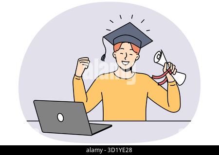 Overjoyed young man in hat hold diploma in hands celebrate graduation studying online. Smiling male graduate excited about university finish. Remote e Stock Photo