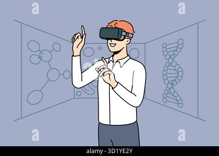 Smiling young man in VR glasses explore chemical elements. Happy male researcher or scientists in virtual reality headset discover chemistry. Vector i Stock Photo