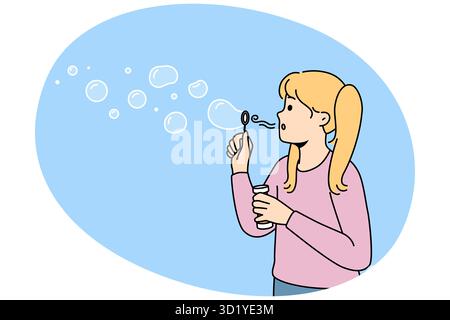 Happy girl child have fun blowing soap bubbles. Smiling kid blow soapsuds. Childhood game activity outdoors. Vector illustration. Stock Photo