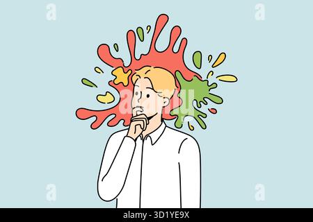 Pensive young male employee or worker with colorful splashes in head. Thoughtful businessman engaged in creative thinking. Vector illustration. Stock Photo