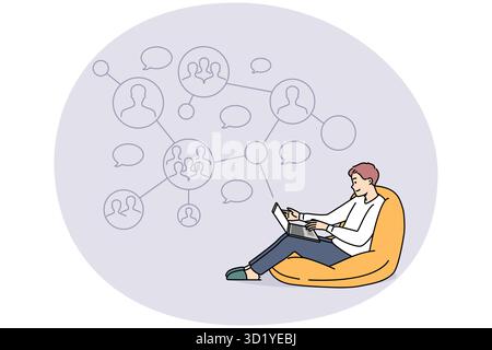 Smiling man work on laptop communicate with colleague on network online. Happy male employee communication with coworkers on computer. Vector illustra Stock Photo