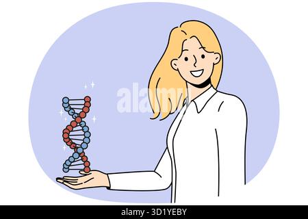 Smiling young woman hold DNA model in hands. Happy female scientist or searcher with DNA spiral. Science and genetics concept. Vector illustration. Stock Photo