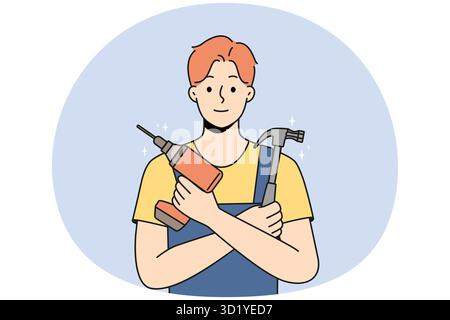 Smiling young male mechanic in uniform holding repairing tools in hands. Happy repairman or engineer with drill and hammer ready for fix. Vector illus Stock Photo