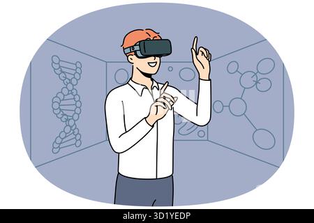 Smiling young man in VR glasses explore chemical elements. Happy male researcher or scientists in virtual reality headset discover chemistry. Vector i Stock Photo