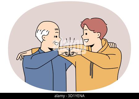 Smiling grandfather and grandson give fists bump show bonding and connection. Happy younger and older generation friendship. Vector illustration. Stock Photo