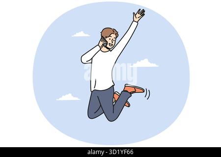 Overjoyed young man jumping in air talking on cellphone. Smiling guy feel excited and triumphant speaking on smartphone. Vector illustration. Stock Photo