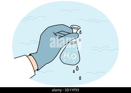 Closeup of researcher hand in glove holding tube with water sample for analysis or diagnostic. Scientist take aqua for analyzing in laboratory. Microb Stock Photo