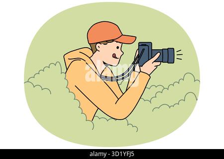 Smiling young man hide in bushes make pictures with professional camera. Happy guy journalist or reporter take photos from hidden spot. Vector illustr Stock Photo