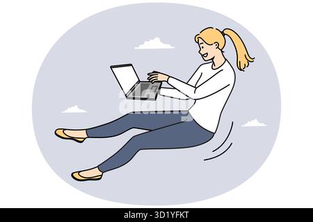 Smiling young woman flying in air working on laptop online. Happy female busy with computer job. Freelance and business concept. Vector illustration. Stock Photo