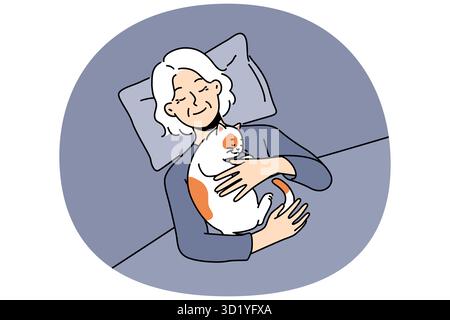 Smiling elderly woman lying in bed with cat sleeping on chest. Happy mature grandmother sleep at home cuddling hugging pet. Vector illustration. Stock Photo