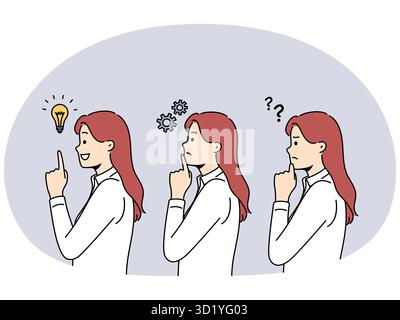 Pensive woman feel confused engaged in thinking process and finding solution to business problem. Concept of solving troubles and brainstorming. Vecto Stock Photo
