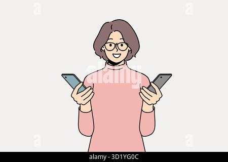 Smiling woman hold smartphones in hands. Happy female use cellphones transfer information on gadgets. Technology and electronics. Vector illustration. Stock Photo
