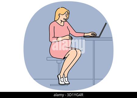 Young pregnant woman work online on laptop at home office. Smiling future mom freelance busy at computer. Pregnancy and business. Vector illustration. Stock Photo