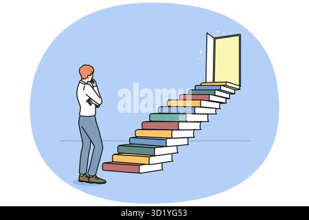 Young man standing near stairs made of books thinking or brainstorming. Pensive male consider education. Open doors near staircase from textbooks. Vec Stock Photo