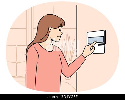 Smiling woman using smart home system on apartment wall. Female renter turn on alarm or security on panel in house. Indoor technology. Vector illustra Stock Photo