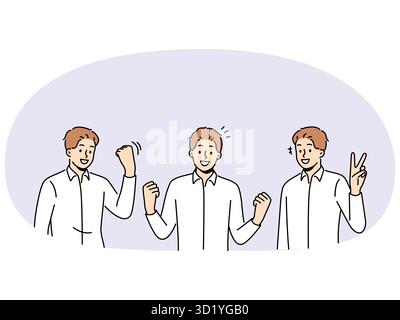 Smiling man make hand gestures celebrating success or victory. Happy lucky guy use body language to show emotions and feelings. Winner and reward. Vec Stock Photo