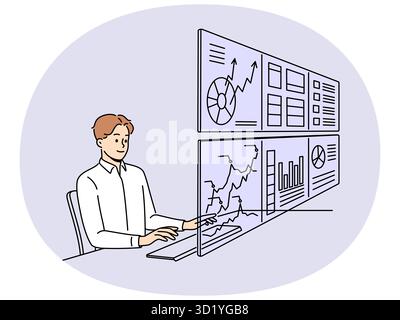 Man working on numerous computer monitors with financial graphs and diagrams. Male employee busy with charts in office. Management and technology. Vec Stock Photo