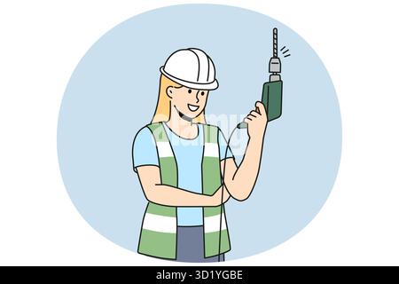 Smiling woman in helmet and uniform with electric drill in hands. Happy female mechanic in protective gear holding instrument. Vector illustration. Stock Photo