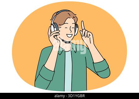 Overjoyed man in wireless headphones listen to music. Smiling guy in earphones have fun enjoying good quality sound. Vector illustration. Stock Photo