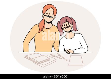 Smiling mother and daughter have fun doing homework together at home. Happy mom and girl child feel playful studying for school. Vector illustration. Stock Photo
