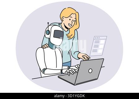 Female employee and robotic assistant work together on computer. Robot tester search program bugs and mistakes in software on laptop. QA concept. Vect Stock Photo