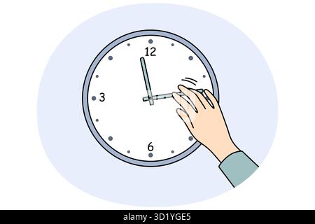 Closeup of person changing time on clock hanging on wall. Man or woman change hands of clock. Time management and planning. Vector illustration. Stock Photo