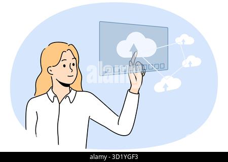 Smiling businesswoman working with cloud computer system. Happy female employee touch icon on digital application. Vector illustration. Stock Photo