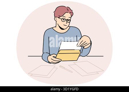 Man sit at table at home open correspondence. Male in glasses read message or text in postal letter. Post and notification. Vector illustration. Stock Photo
