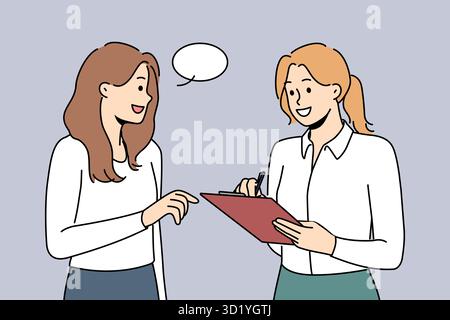 Smiling female interview with folder talk with passerby on road. Happy woman conduct survey on street. Poll and questionnaire. Vector illustration. Stock Photo
