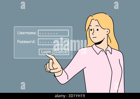Businesswoman type username and password log in on personal account on computer. Female employee provide login data on digital security system. Vector Stock Photo