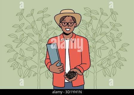 Smiling African American man gathering cocoa beans in garden. Happy black male with coffee beans on plantation. Agriculture and harvest. Vector illust Stock Photo