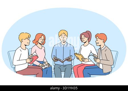Happy diverse people sit in circle reading book together. Smiling group read and discuss bible at meeting. Hobby and leisure. Vector illustration. Stock Photo
