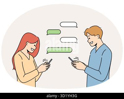 Smiling man and woman chatting online on social media on speech bubbles. Happy couple message on internet on cellphones. Dating and flirting on web. V Stock Photo