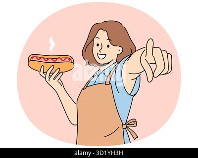 Smiling woman in apron holding hot dog point at screen. Happy waitress with fastfood in hands show at camera with finger. Vector illustration. Stock Photo