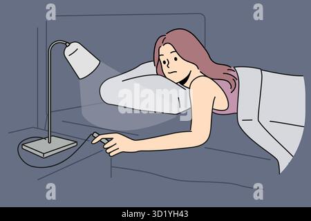 Woman lying in bed turn off lamp on table. Girl relax ready to sleep in home bedroom switch lights. Vector illustration. Stock Photo